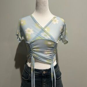 sky blue ruched crop top w/ pastel green flowers